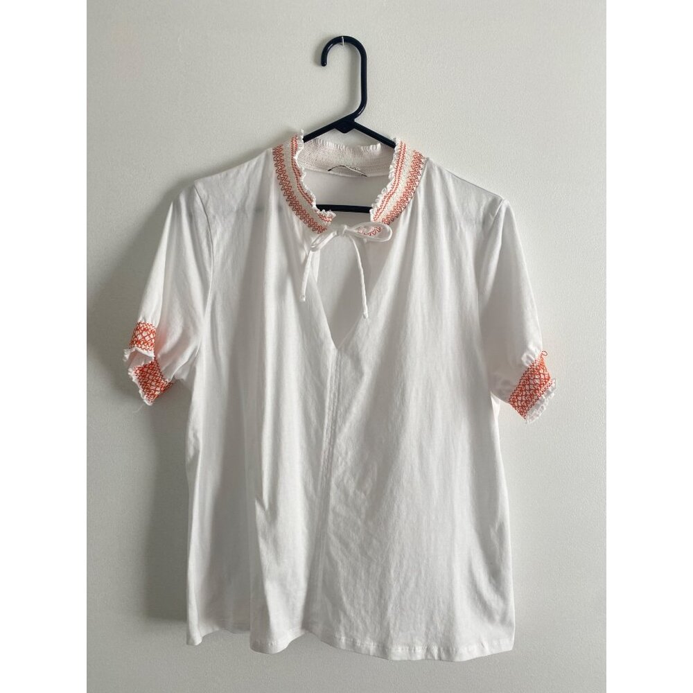 Zara White Short-Sleeve Blouse With Orange Embroidered Cuffs & Neckline Size L